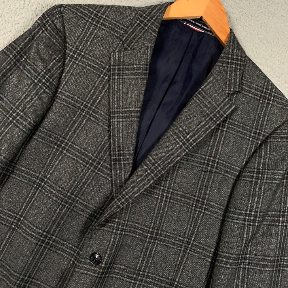 Tommy Hilfiger Modern Fit Plaid Blazer Jacket Mens 44R Grey Wool Sport Coat
